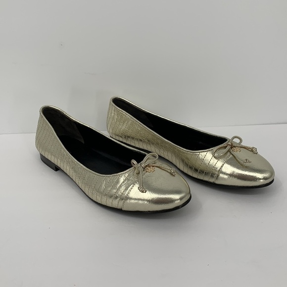 Tory Burch cap-toe quilted metallic gold ballet flat leather shoe bow new 9.5 - Picture 4 of 7